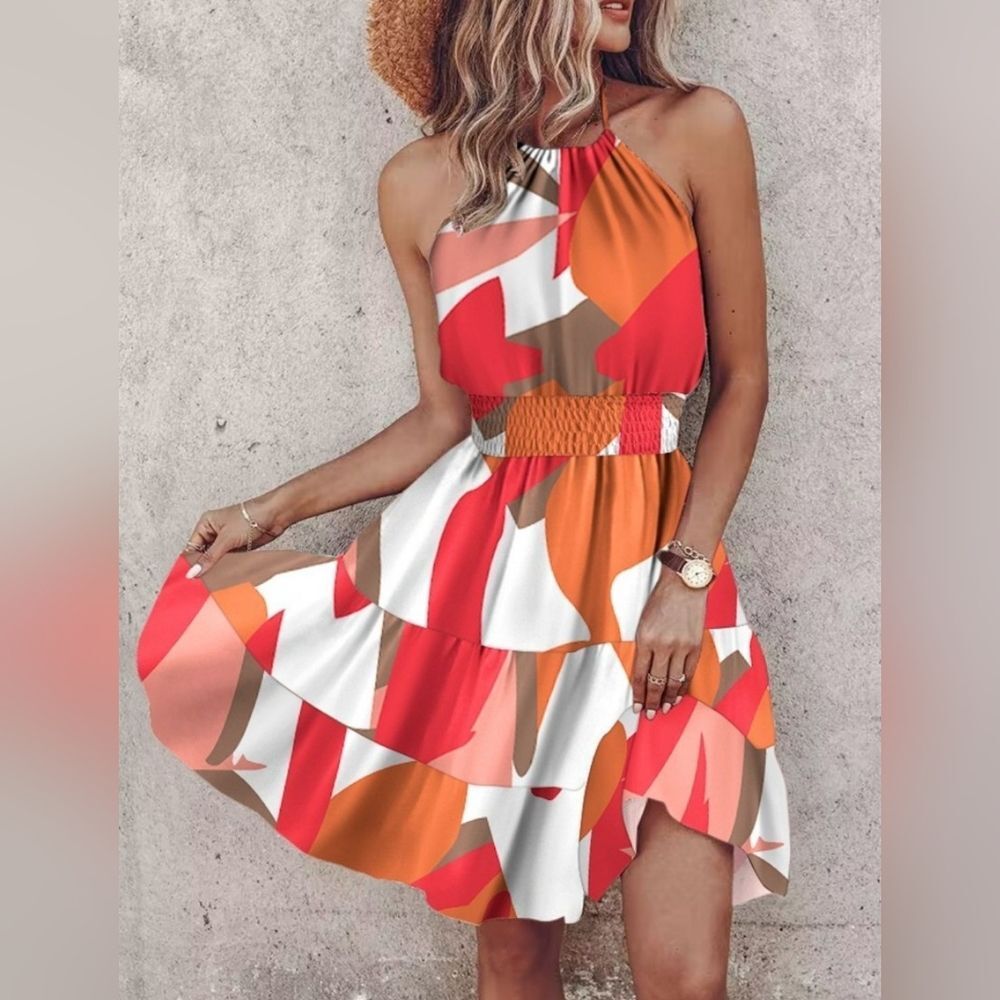 Casual Geometric Halter Neck Cinched Waist Mini Orange Dress Sz S M L XL 1X
